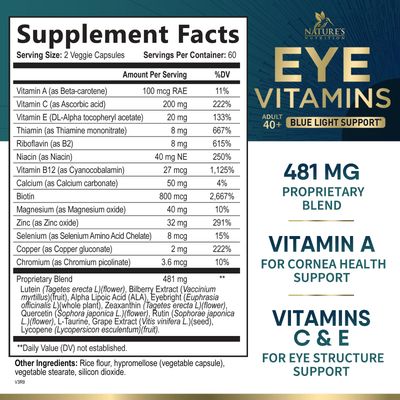 Eye Vitamins & Mineral Supplement, Contains Lutein, Zeaxanthin, Bilberry & Zinc, Supports Eye Strain, Vision Macular Health & Dry Eyes for Adults with Vitamin C & E, Lycopene, Non-GMO - 120 Capsules