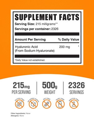 BulkSupplements.com Hyaluronic Acid Powder - Hyaluronic Acid Supplements, Hyaluronic Acid 215mg - Hyaluronic Acid Food Grade, Gluten Free - 215mg per Serving, 500g (1.1 lbs) (Pack of 1)