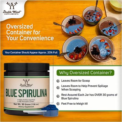 Blue Spirulina Powder - Maximum 35% Phycocyanin Content, Superfood Powder from Blue-Green Algae, Mixes into Smoothies and Protein Drinks, Plant Food Coloring (One Month Supply) by Double Wood