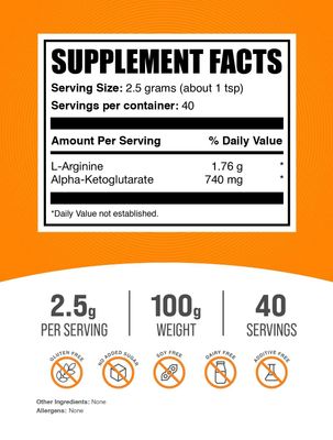BulkSupplements.com AAKG Powder - Arginine Alpha-Ketoglutarate, AKG Supplement - Arginine Supplement, Unflavored & Gluten Free, 2500mg per Serving, 100g (3.5 oz) (Pack of 1)