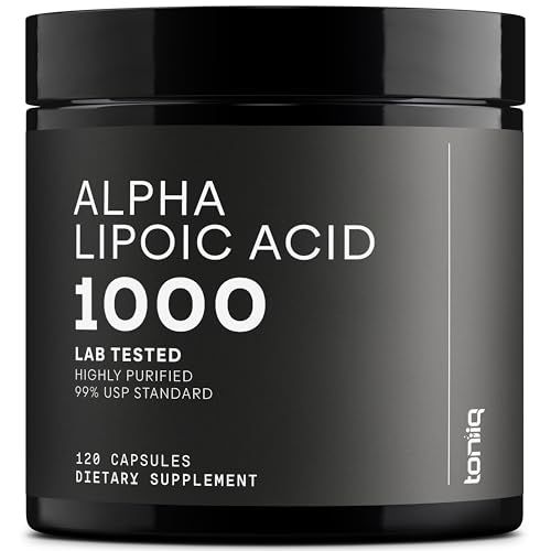 Toniiq 1000mg Ultra High Strength Alpha Lipoic Acid Capsules - Highly Purified 99%+ USP Standard - 120 Capsules ALA Supplement