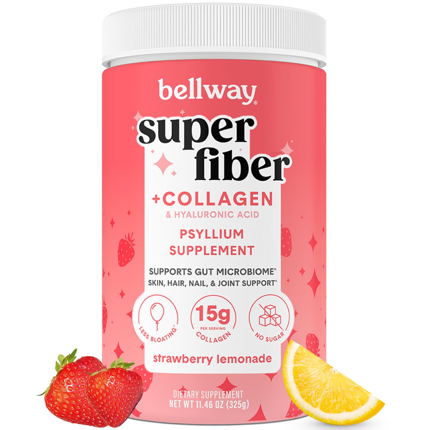 Bellway Super Fiber Powder + Collagen, Sugar-Free Psyllium Husk Powder with Collagen Peptides and Hyaluronic Acid for Gut Health, Healthy Skin, Nails, Bones &amp; Joints, Strawberry Lemonade (11.46 oz)