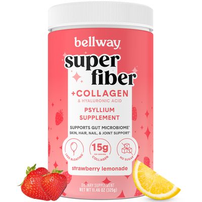 Bellway Super Fiber Powder + Collagen, Sugar-Free Psyllium Husk Powder with Collagen Peptides and Hyaluronic Acid for Gut Health, Healthy Skin, Nails, Bones &amp; Joints, Strawberry Lemonade (11.46 oz)