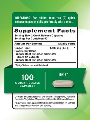 Nature's Truth Ginger Root Capsules | 1,500mg | 100 Count | from Ginger Root Extract | Non-GMO and Gluten Free Supplement