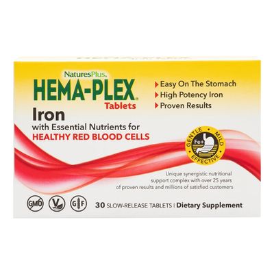 NaturesPlus Hema-Plex Iron - 30 Slow-Release Tablets - 85 mg Chelated Iron - Total Blood Health - with Vitamin C &amp; Bioflavonoids - Non GMO, Vegetarian &amp; Gluten Free - 30 Servings
