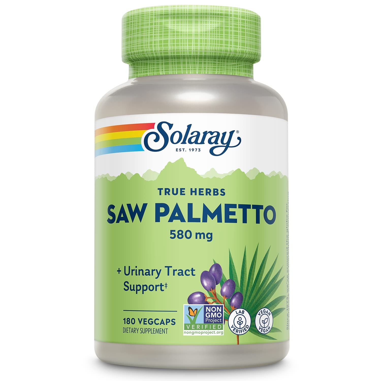 Solaray Saw Palmetto Berry 580 mg, Healthy Prostate and Urinary Tract Support from Fatty Acids &amp; Plant Sterols for Men and Women, Non-GMO, Vegan &amp; Lab Verified, 180 VegCaps, 180 Servings