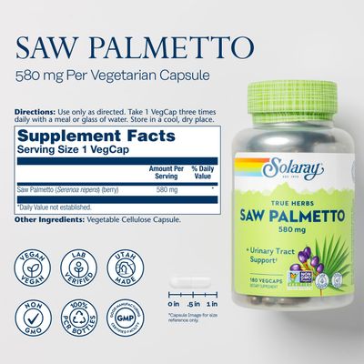 Solaray Saw Palmetto Berry 580 mg, Healthy Prostate and Urinary Tract Support from Fatty Acids & Plant Sterols for Men and Women, Non-GMO, Vegan & Lab Verified, 180 VegCaps, 180 Servings