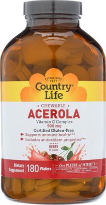 Country Life Acerola Vitamin C Complex, 500mg, Chewable Berry Flavored Wafers, Supports Immune Health, 180 Wafers, Certified Gluten Free by GFCO , Certified Vegan by AVA