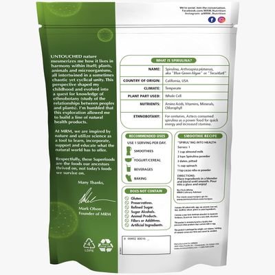 MRM Nutrition Spirulina Powder | Superfood | Complete Plant Protein | Gluten-Free + Vegan | 40 Servings | 8.5 Ounce