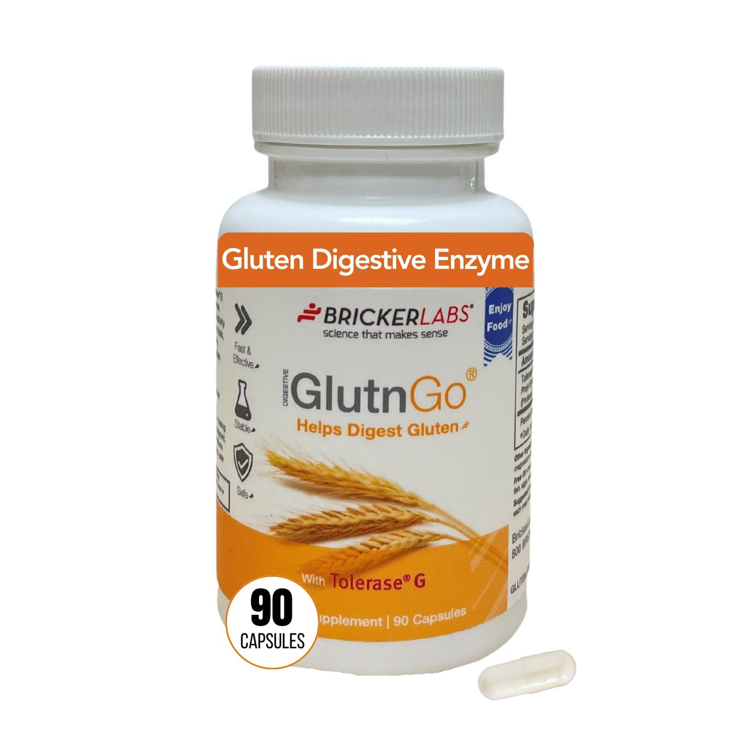 Bricker Labs GlutnGo with Tolerase G 100mg Digestion Supplement for Gluten Intolerance, Clinically Proven to Help Digest Gluten, Fast, Effective and Safe Digestive Aid, 90 Capsules