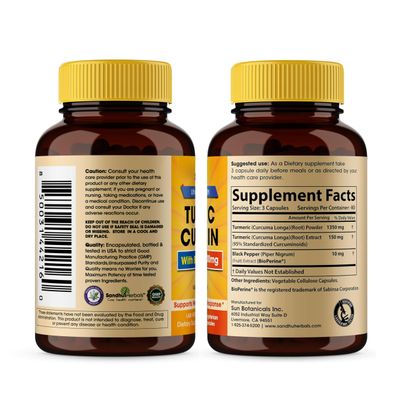Sandhu Herbals Organic Turmeric Curcumin 120 Capsules with Bioperine Black Pepper Extract Supplement | 1500mg with 95% Curcuminoids | Immune Support