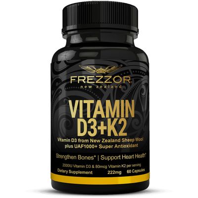 FREZZOR Vitamin D3 and K2 Caps, High Potency D3 2000IU and K2 (MK7) 80mcg, Unique VIT D3 from 100% New Zealand Sheep&#39;s Wool Lanolin. Cardiovascular Support &amp; Bone Health, 60 Softgels 1 Month Supply