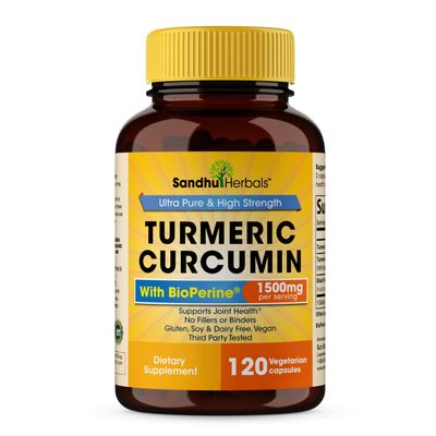 Sandhu Herbals Organic Turmeric Curcumin 120 Capsules with Bioperine Black Pepper Extract Supplement | 1500mg with 95% Curcuminoids | Immune Support