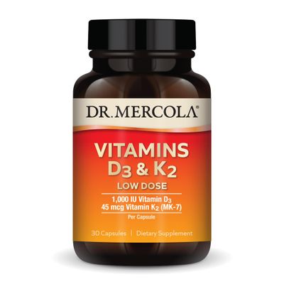 Dr. Mercola Vitamins D3 &amp; K2 Low Dose, 30 Servings (30 Capsules), 1,000 IU Vitamin D3 &amp; 45 mcg Vitamin K2 (MK-7) Per Capsule, Dietary Supplement, Supports Healthy Immune Function, Non-GMO