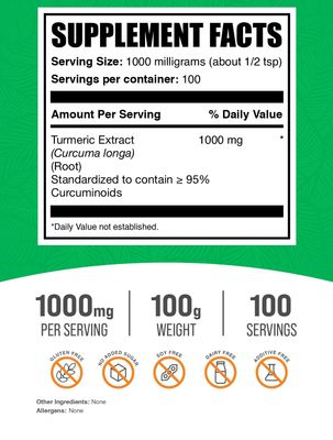 BulkSupplements.com Turmeric Extract Powder - from Turmeric Root, Curcumin Supplements 1000mg, Turmeric Curcumin Powder - Gluten Free, 1000mg per Serving, 100g (3.5 oz) (Pack of 1)