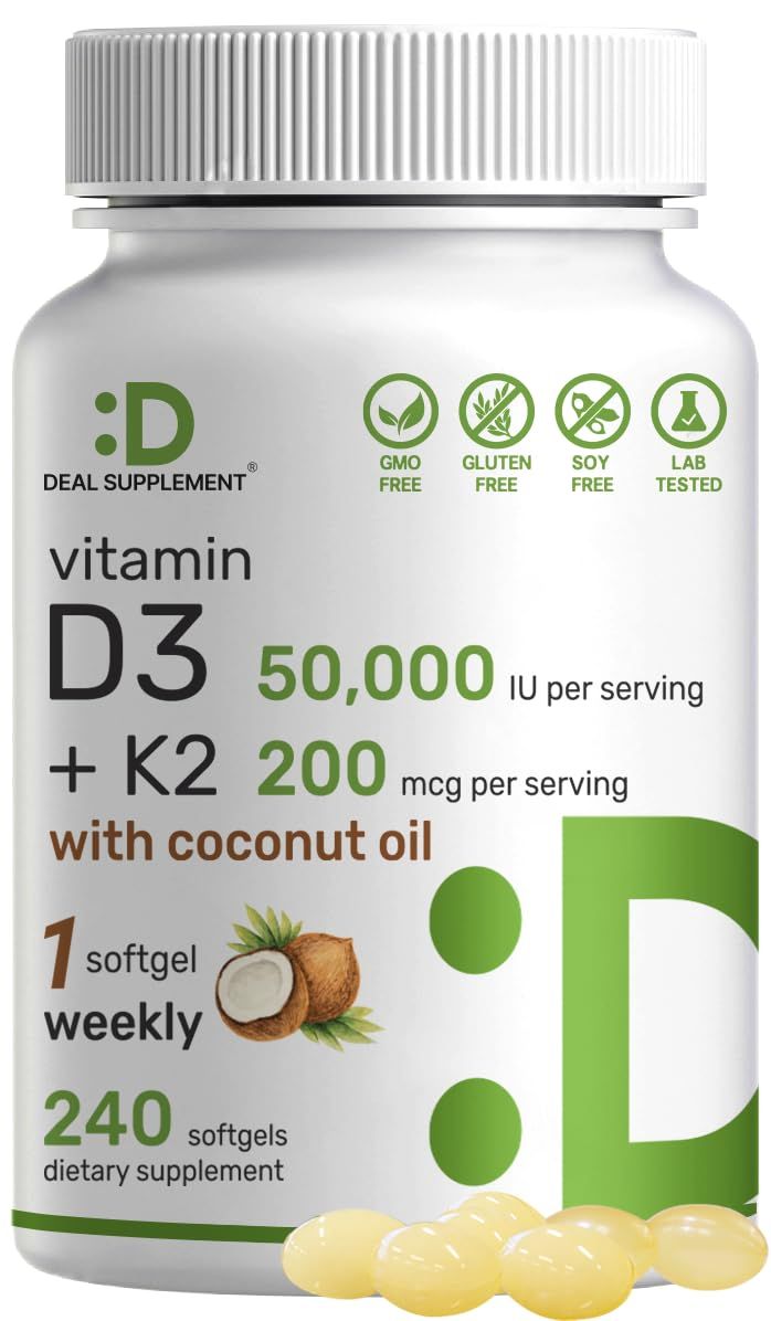 DEAL SUPPLEMENT Vitamin D3 50,000 IU + K2 MK7 200 mcg,240 Softgels | Virgin Coconut Oil, Max Strength Vitamin D &amp; K, Promotes Heart, Bone, &amp; Teeth Health - One Softgel Weekly, Easy to Swallow