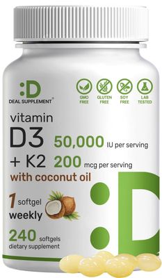 DEAL SUPPLEMENT Vitamin D3 50,000 IU + K2 MK7 200 mcg,240 Softgels | Virgin Coconut Oil, Max Strength Vitamin D &amp; K, Promotes Heart, Bone, &amp; Teeth Health - One Softgel Weekly, Easy to Swallow