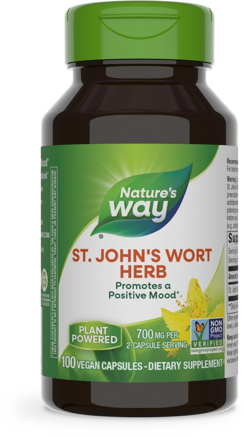 Nature&#39;s Way St. Johns Wort Herb, Promotes a Positive Outlook*, 700 mg per 2-Capsule Serving, Non-GMO Project Verified, Vegan, 100 Capsules (Packaging May Vary)