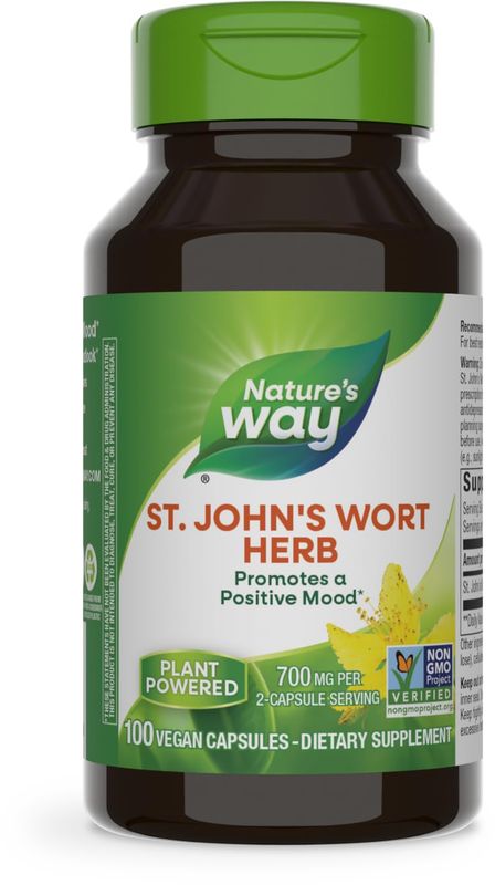 Nature's Way St. Johns Wort Herb, Promotes a Positive Outlook*, 700 mg per 2-Capsule Serving, Non-GMO Project Verified, Vegan, 100 Capsules (Packaging May Vary)