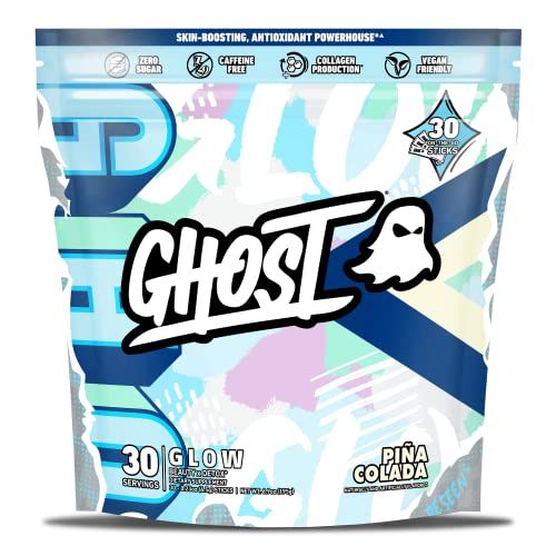 GHOST Glow Sticks: Beauty and Detox Supplement - 30 On-The-Go Stick Packs, Pina Colada - Hyaluronic Acid, Biotin &amp; L-Theanine for Skin-Boosting Support - Sugar Free, Gluten Free