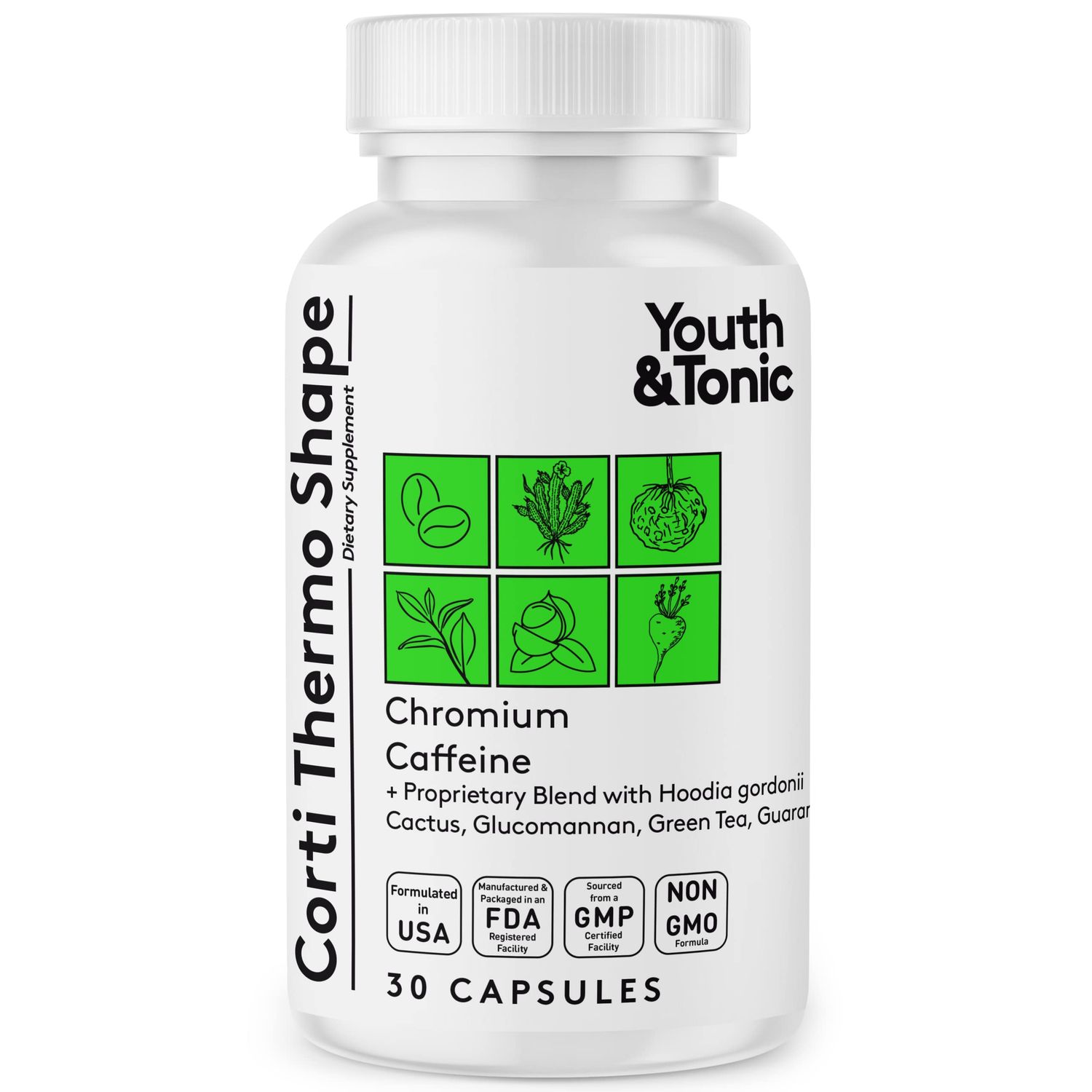 Youth &amp; Tonic Thermogenic Supplement 30 Capsules as Advanced Diet Support for Energy Metabolism Focus for Men and Women with Caffeine Chromium Glucomannan Guarana Hoodia Gordonii