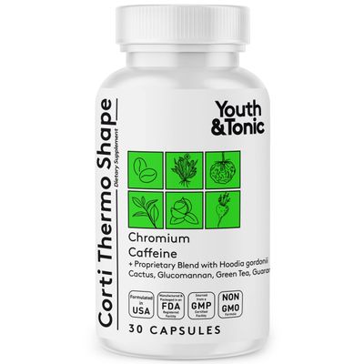 Youth &amp; Tonic Thermogenic Supplement 30 Capsules as Advanced Diet Support for Energy Metabolism Focus for Men and Women with Caffeine Chromium Glucomannan Guarana Hoodia Gordonii