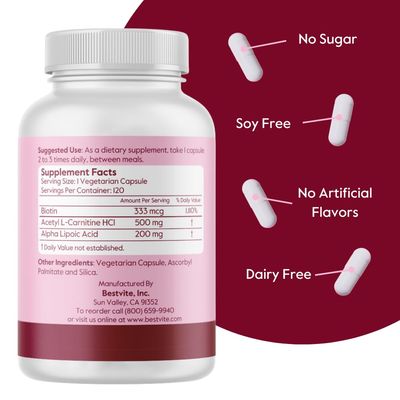 BESTVITE Acetyl L-Carnitine 500mg & Alpha Lipoic Acid 200mg per Capsule with Biotin (240 Vegetarian Capsules) (120 x 2) - No Stearates - Vegan - Non GMO - Gluten Free
