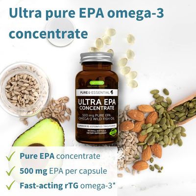 Ultra Pure EPA, Omega-3 Concentrate 500 mg Wild Fish Oil, The Most Advanced rTG Triglyceride Form, Non-GMO, 90 Small softgels, Pure &amp; Essential