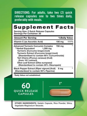 Turmeric Curcumin 1500 mg | 60 Capsules | With Black Pepper Extract, Olive Leaf &amp; Tart Cherry | Non-GMO, Gluten Free Supplement | by Nature's Truth