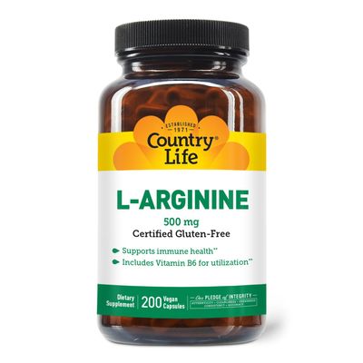 Country Life L-Arginine Caps with Vitamin B-6, 500mg, 200 Vegan Capsules, Certified Gluten Free, Certified Vegan
