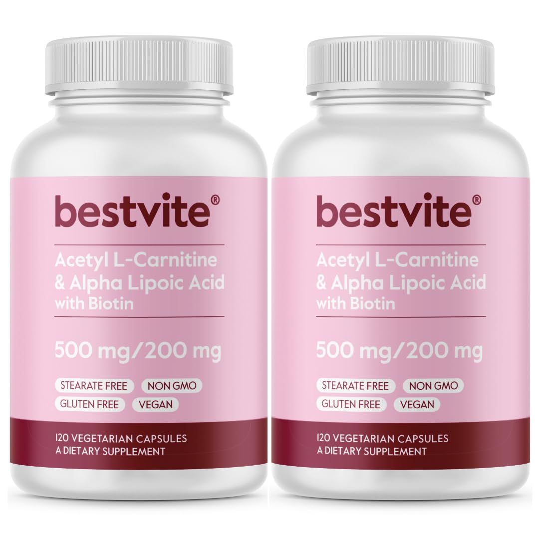 BESTVITE Acetyl L-Carnitine 500mg &amp; Alpha Lipoic Acid 200mg per Capsule with Biotin (240 Vegetarian Capsules) (120 x 2) - No Stearates - Vegan - Non GMO - Gluten Free
