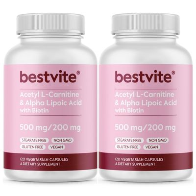 BESTVITE Acetyl L-Carnitine 500mg &amp; Alpha Lipoic Acid 200mg per Capsule with Biotin (240 Vegetarian Capsules) (120 x 2) - No Stearates - Vegan - Non GMO - Gluten Free