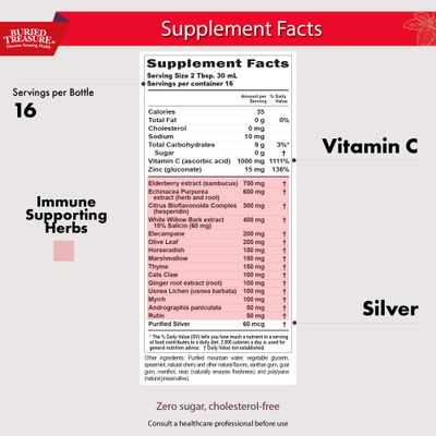 Buried Treasure ACF Extra Strength Immune Support - 16 oz, 16 Servings, Liquid Dietary Immunity Boost w/ Elderberry, Vitamin C &amp; Zinc, Herbal Formula