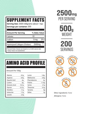 BulkSupplements.com Chicken Collagen Powder - Hydrolyzed Collagen Powder, Collagen Supplement, Collagen Peptides Powder - Gluten Free, 2500mg per Serving, 500g (1.1 lbs) (Pack of 1)