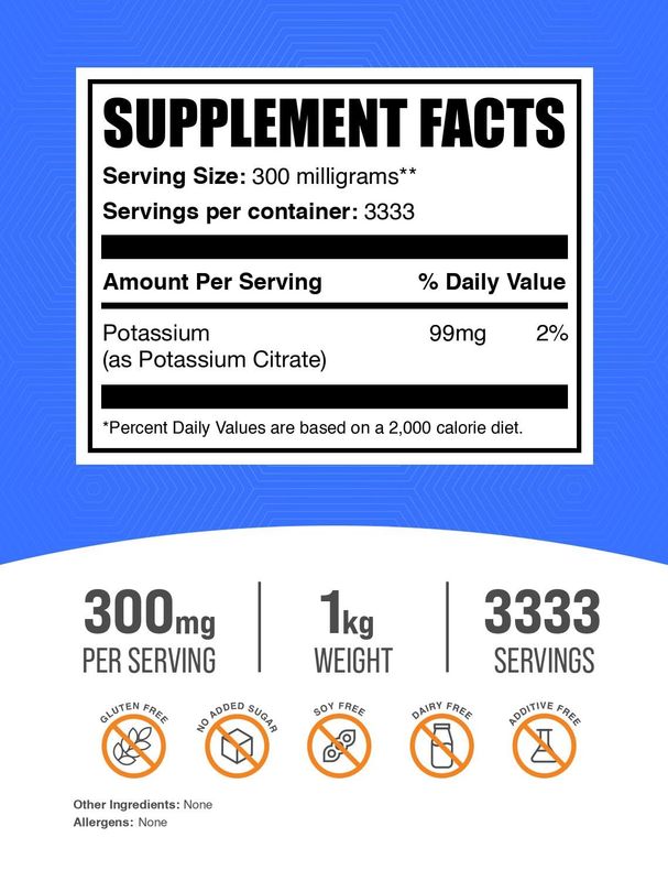 BulkSupplements.com Potassium Citrate Powder - Potassium Citrate Supplement, Potassium Powder, Potassium 99mg - Gluten Free, 300mg per Serving, 1kg (2.2 lbs) (Pack of 1)