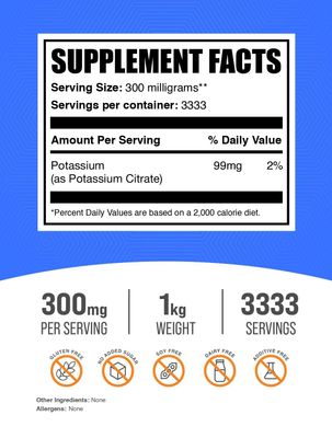 BulkSupplements.com Potassium Citrate Powder - Potassium Citrate Supplement, Potassium Powder, Potassium 99mg - Gluten Free, 300mg per Serving, 1kg (2.2 lbs) (Pack of 1)