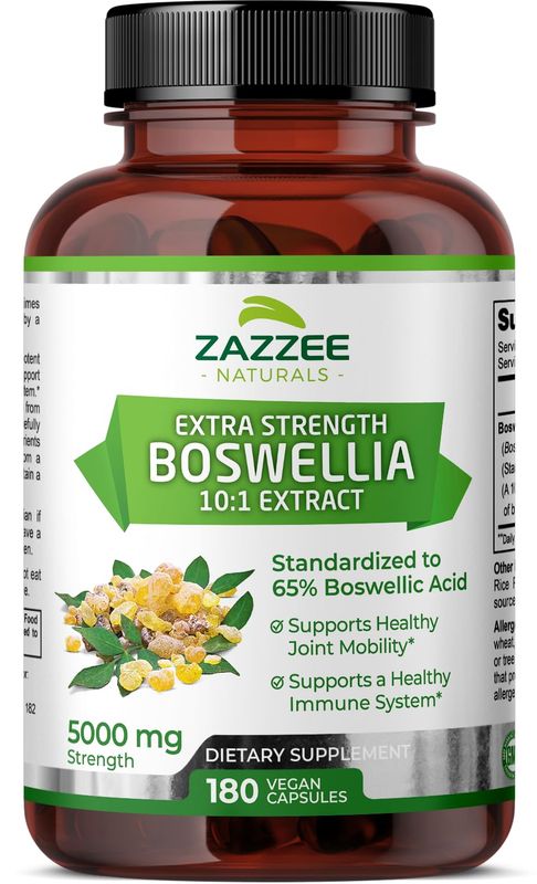 Zazzee Extra Strength Boswellia Serrata 10:1 Extract, 5000 mg Strength, 65% Boswellic Acid, 180 Vegan Capsules, 6 Month Supply, Standardized 10X High Potency, 100% Vegetarian, All-Natural, Non-GMO