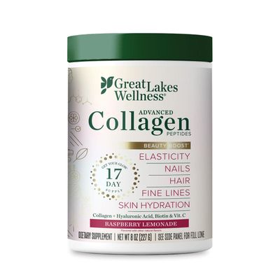 Great Lakes Wellness Beauty Boost Advanced Collagen Peptides - Hyaluronic Acid, Biotin, Vitamin C - Skin Elasticity &amp; Hydration - Raspberry Lemonade - Non-GMO, Kosher, Keto - 8 oz - Packaging May Vary