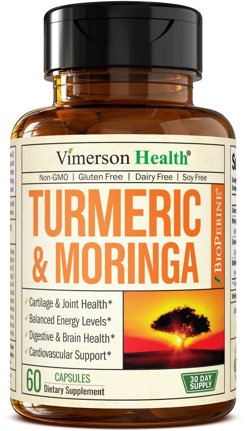 Turmeric Curcumin &amp; Moringa Leaves Extract with Black Pepper. Joint Support Supplement with Tumeric (95% Curcuminoids), Bioperine &amp; Moringa Oleifera Leaf for Joints, Digestion &amp; Energy. 60 Capsules