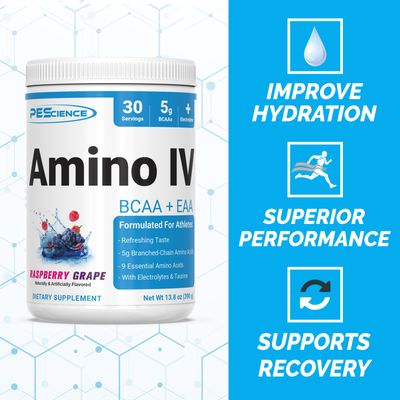 PEScience Amino IV, Raspberry Grape, 60 Scoop, BCAA and EAA Powder with Electrolytes