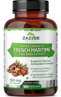 Zazzee Extra Strength French Maritime Pine Bark 20:1 Extract, 350 mg Per Capsule, 180 Vegan Capsules, 95% Proanthocyanidins, Kosher, 6 Month Supply, Standardized 20X Extract, Non-GMO, Made in The USA