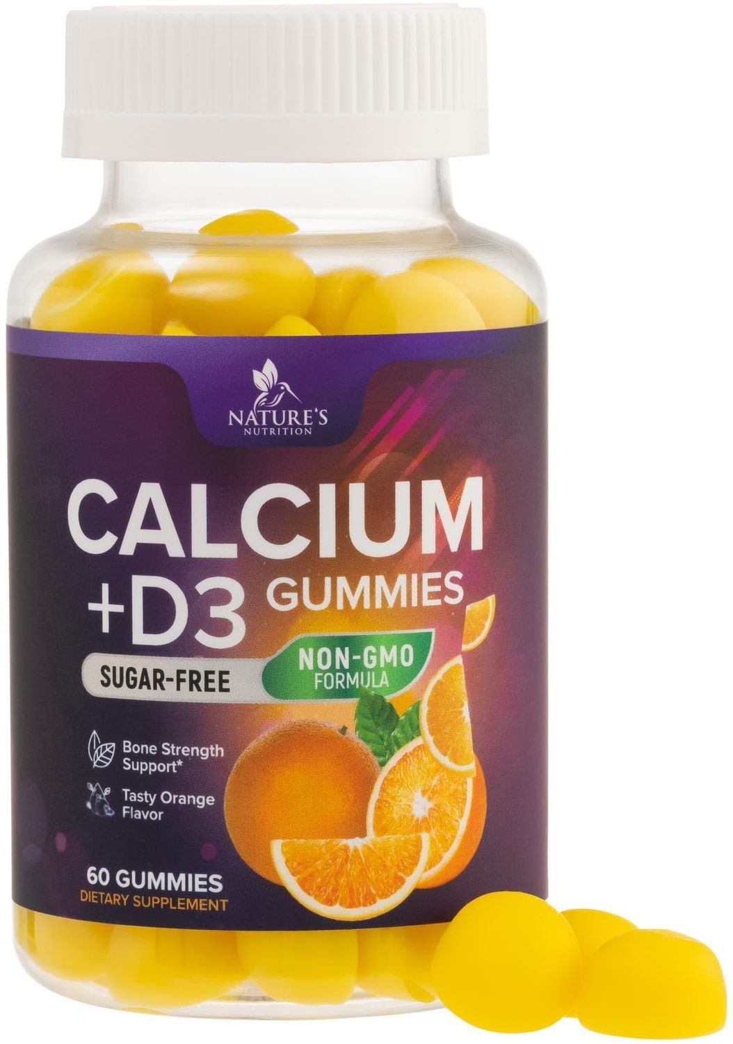 Sugar Free Calcium Gummy Bites Plus 400 IU Vitamin D3, Bone Health &amp; Immune Support, Supports Bone Strength - Chewable Calcium Nutrition Supplement, Non-GMO, Orange Flavor Chews - 60 Gummies