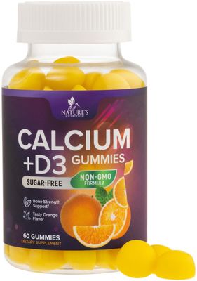 Sugar Free Calcium Gummy Bites Plus 400 IU Vitamin D3, Bone Health &amp; Immune Support, Supports Bone Strength - Chewable Calcium Nutrition Supplement, Non-GMO, Orange Flavor Chews - 60 Gummies