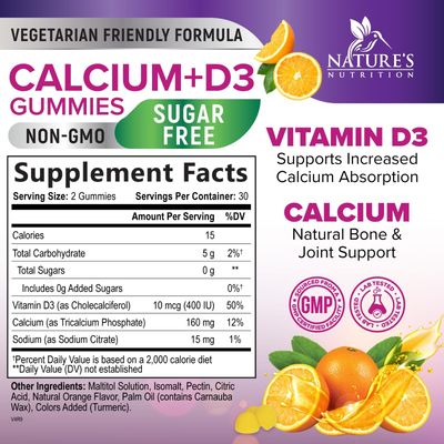 Sugar Free Calcium Gummy Bites Plus 400 IU Vitamin D3, Bone Health &amp; Immune Support, Supports Bone Strength - Chewable Calcium Nutrition Supplement, Non-GMO, Orange Flavor Chews - 60 Gummies