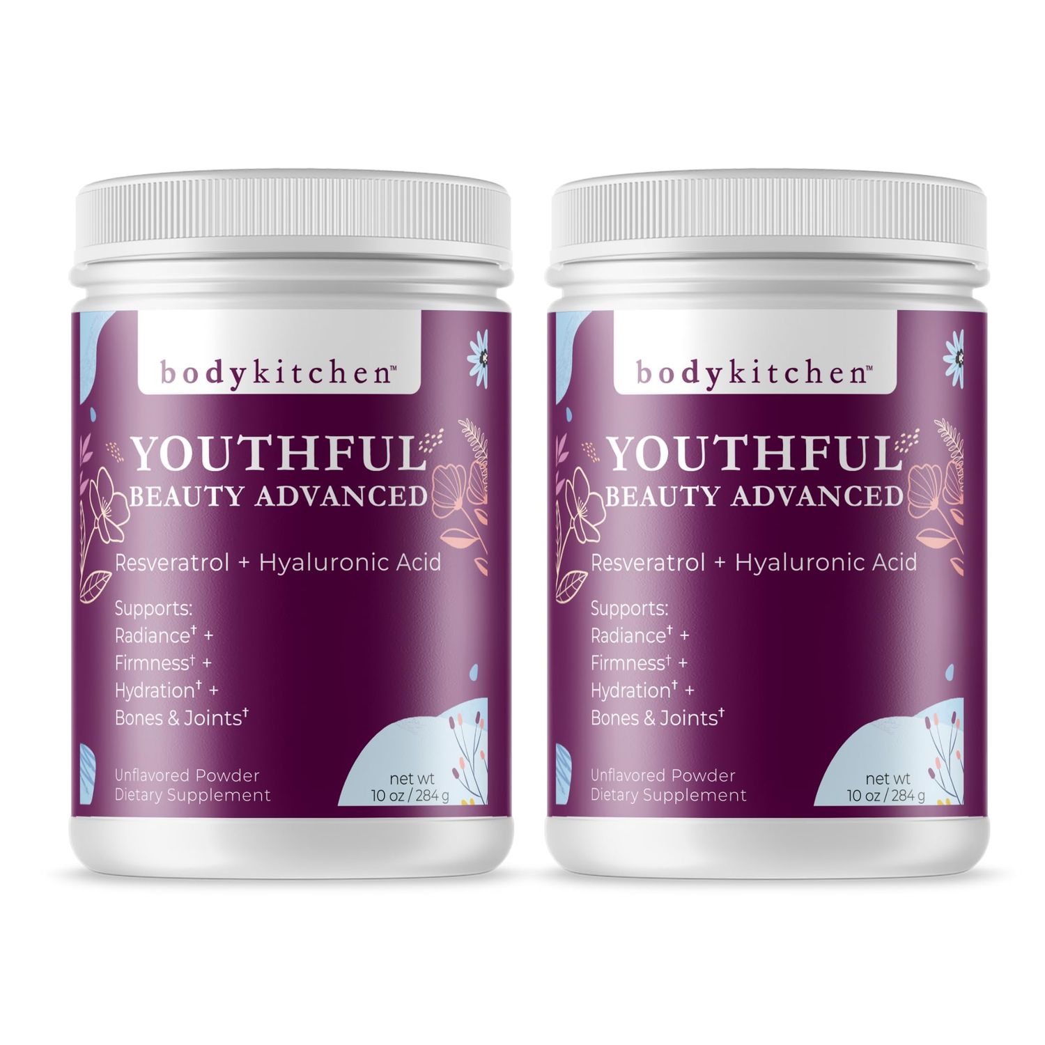 Body Kitchen Youthful Beauty Advanced, Collagen Peptides Powder for Beautiful Hair Skin Nails, Resveratrol and Hyaluronic Acid for Anti-Aging &amp; Antioxidant Support, Grass Fed (Pack of 2)