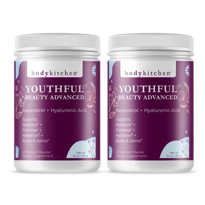 Body Kitchen Youthful Beauty Advanced, Collagen Peptides Powder for Beautiful Hair Skin Nails, Resveratrol and Hyaluronic Acid for Anti-Aging &amp; Antioxidant Support, Grass Fed (Pack of 2)