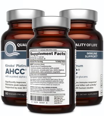 Quality of Life 3 Pack AHCC Kinoko Platinum 750 mg- Premium Immune Support Supplement 60 Count Bottles