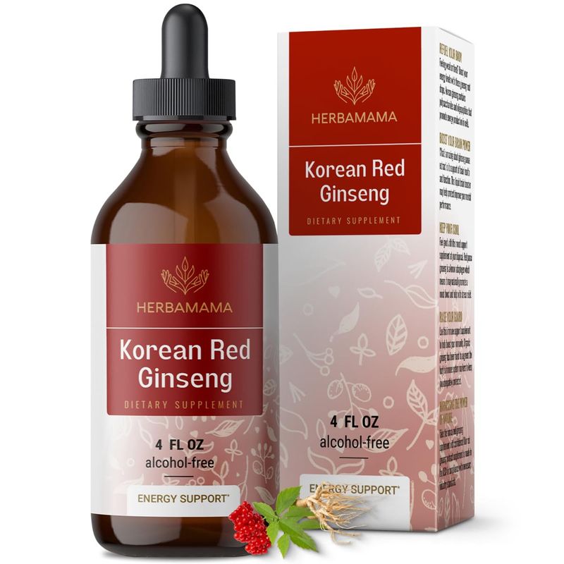 HERBAMAMA Korean Panax Ginseng Root Tincture - Vegan Red Ginseng Liquid Extract for Energy Support - Korean Red Ginseng Drops for Adults - Alcohol &amp; Sugar-Free, 56-Day Supply