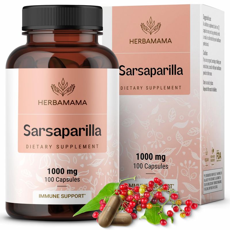 HERBAMAMA Sarsaparilla Root Capsules - 1000mg Sarsaparilla Root Powder for Liver Detox Support - Vegan, Non-GMO Herbal Cleanse Supplement, 100 Caps