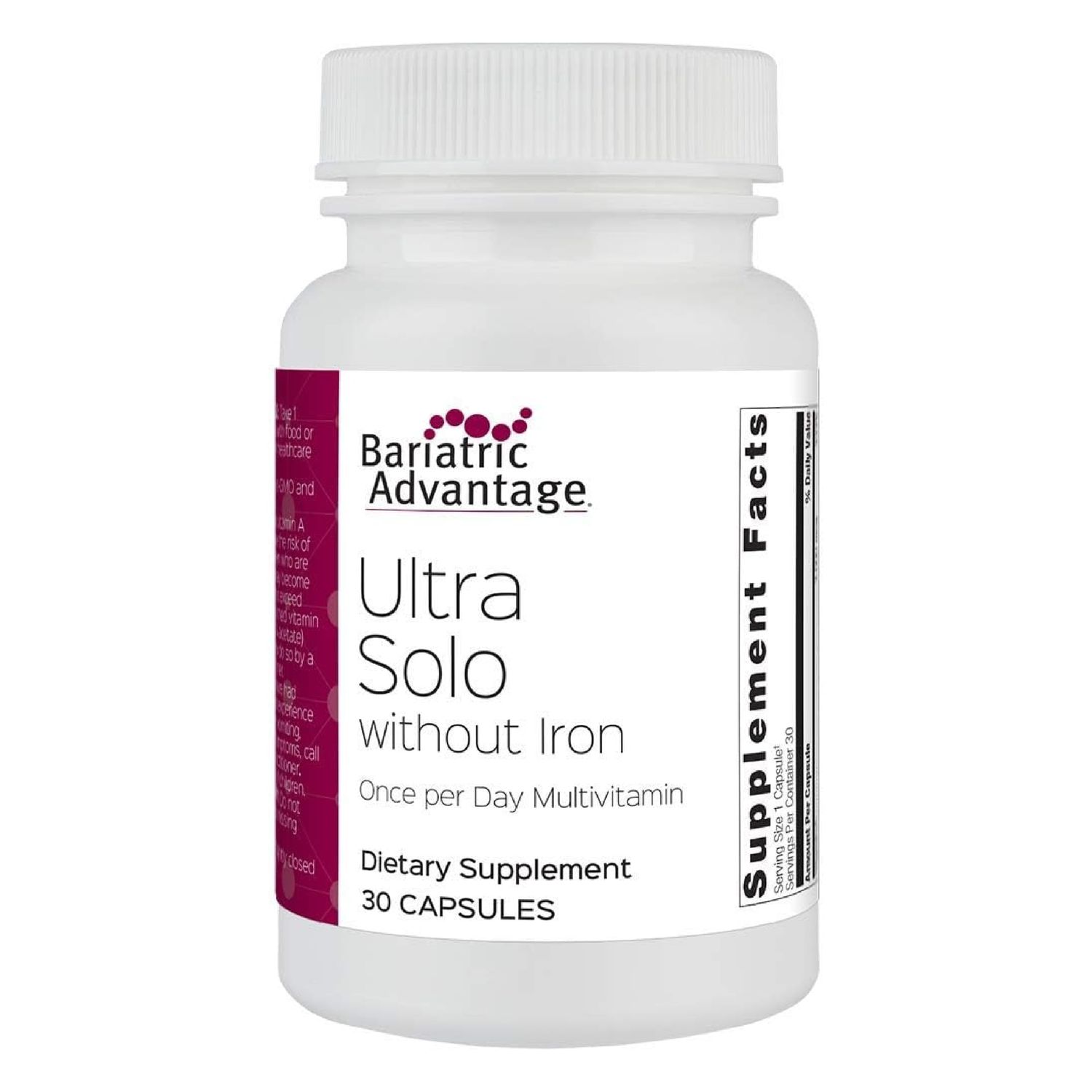 Bariatric Advantage Ultra Solo Without Iron - Once-Per-Day Daily Multivitamin - for Bariatric Patients - with Thiamin, Vitamin A &amp; More - Gluten Free - 30 Capsules